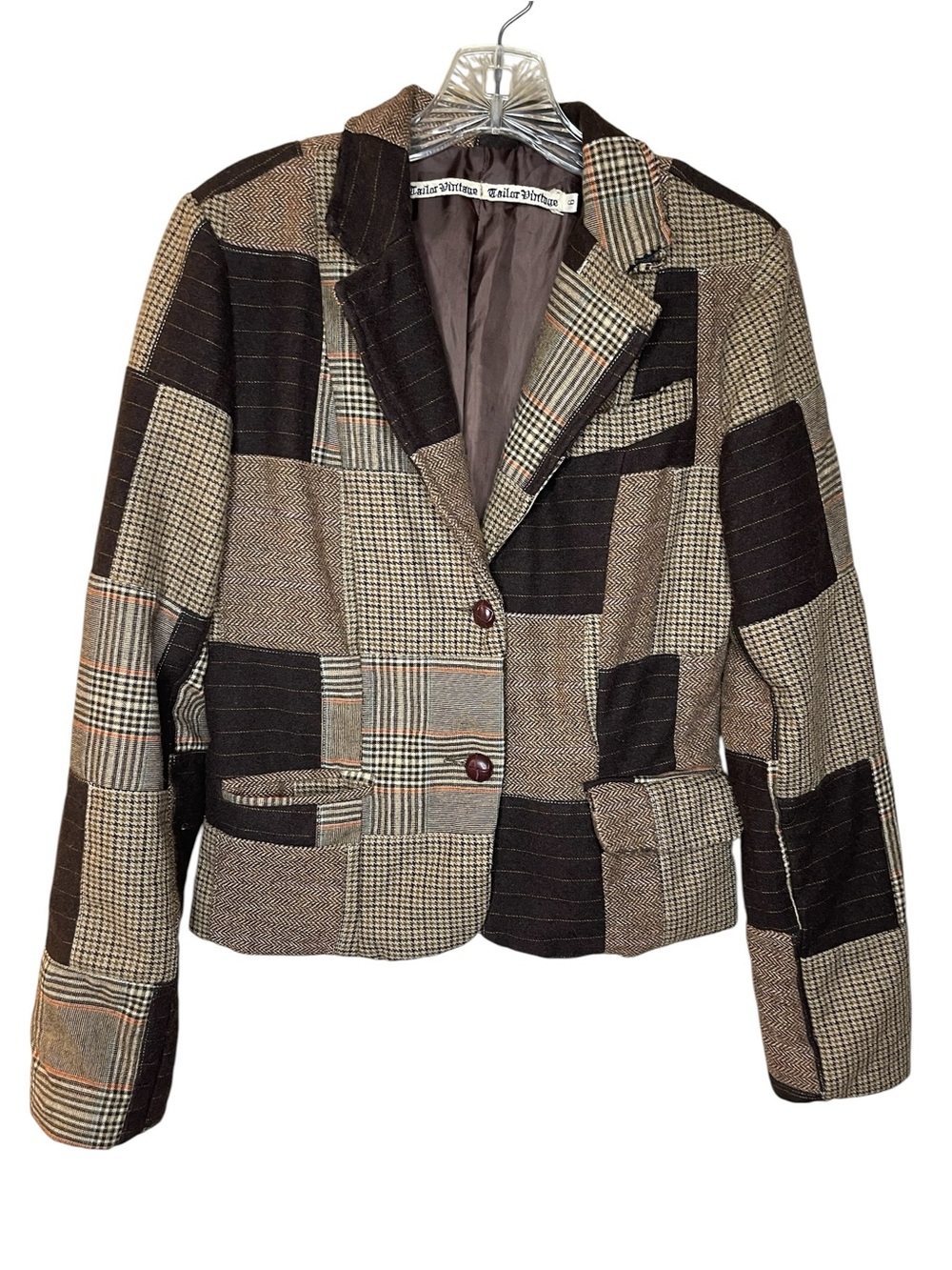 Tailor Vintage Brown Patchwork Wool Blend Plaid Blazer Sz 6